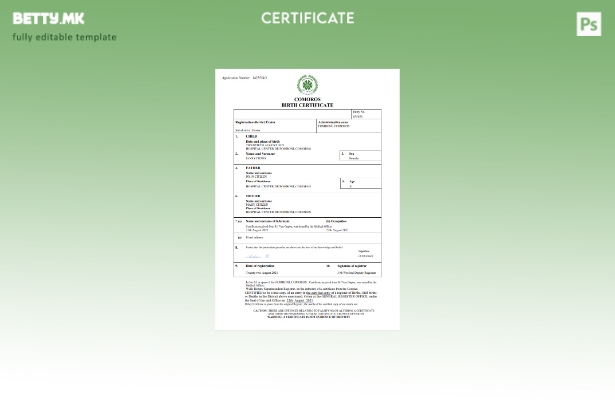 модерен стил Извод од матична книга на Коморите, шаблон за Word и PDF